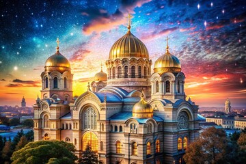 Obraz premium Riga Nativity Cathedral Double Exposure: Celestial Dome Meets Orthodox Splendor