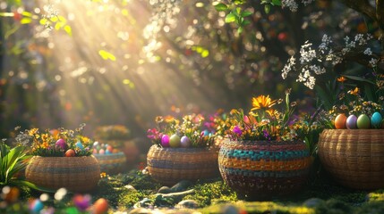 Fototapeta premium Creative representation of Easter symbols in a sunlit garden with colorful baskets and blooming flowers