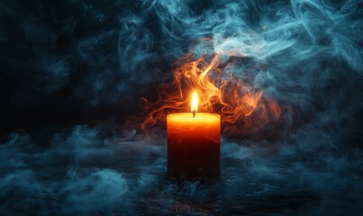 Glowing Candle Surrounded by Mysterious Smoke and Dark Background