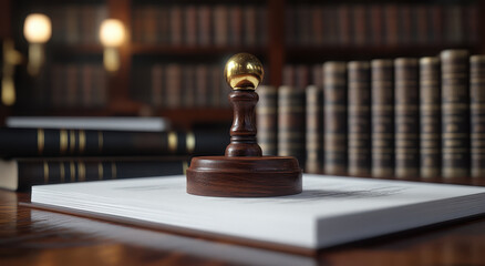 wooden seal stamp on document in library setting, symbolizing authority and tradition