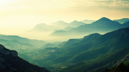 Fototapeta premium Majestic misty mountain landscape showcasing stunning natural beauty ideal for outdoor adventure and hiking exploration.