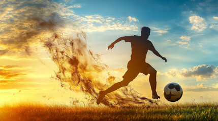 Soccer of the particles carries in the wind. Silhouette of a soccer player from circles