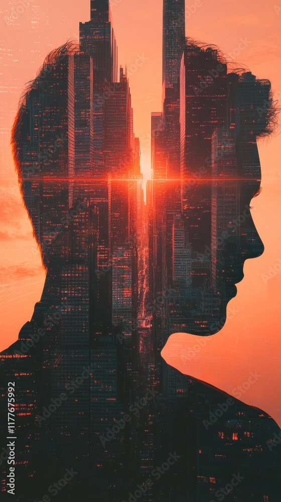 Aufkleber conceptual visualization of a man's silhouette blending with skyscrapers at sunset