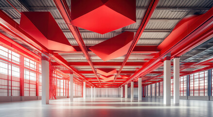 Modern industrial space with red geometric ceiling design and bright lighting