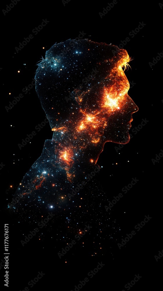 Poster Glowing silhouette of a man surrounded by cosmic elements illustrating the connection between humanity and the universe