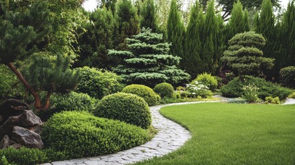 Naklejka premium Lush landscaped garden with meticulously trimmed bushes and a serene pine tree amidst vibrant greenery and winding stone path