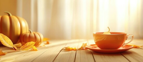 Autumn tea display featuring a cozy cup with pumpkins and vibrant leaves ideal for seasonal promotions and themed backgrounds
