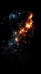 Glowing silhouette of a man surrounded by cosmic elements illustrating the connection between humanity and the universe