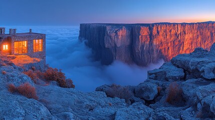 A secluded mountaintop lodge illuminated at dusk, perched above a sea of clouds, with a dramatic cliff face in the background.