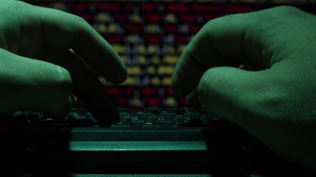 Man work with chat AI online, connecting with AI and using a chatbot. IT engineer software developer programmer interact with chat bot, making writing code. Typing on laptop keyboard close-up. 