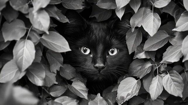 Black cat peeking through lush green foliage in a serene garden setting with space for text overlay or captions