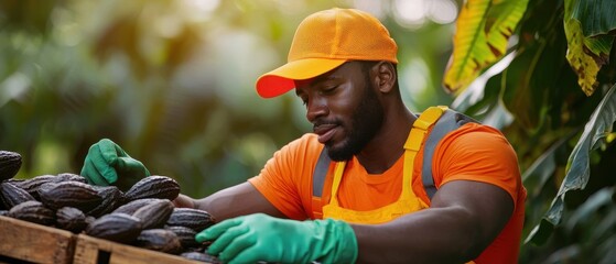 Worker harvesting cocoa beans in a lush plantation, focused and diligent, wearing protective gear.