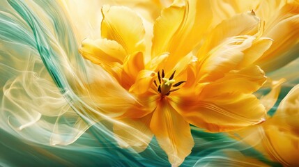 Obraz premium Vibrant yellow tulip blossom with soft flowing background showcasing elegance and beauty in floral arrangements and nature photography.