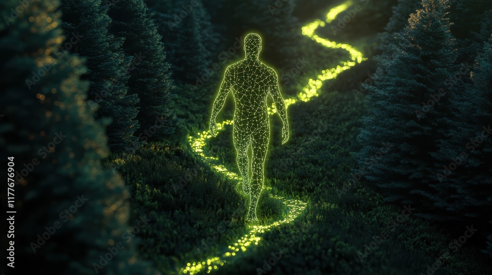 Poster Man glowing with light walking through a forest path illuminated by bioluminescent flora at twilight