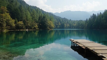 Obraz premium Serene Lake with Crystal Clear Waters and Wooden Pier Surrounded by Lush Green Trees and Mountains in a Peaceful Landscape