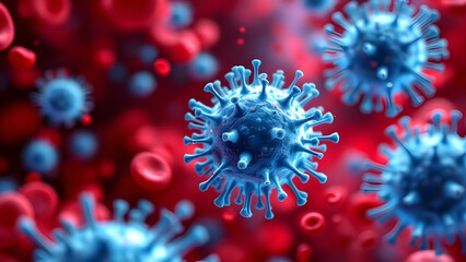 High-definition medical illustration of virus particles in the human bloodstream, showing the interaction between pathogens and red blood cells during infection transmission.