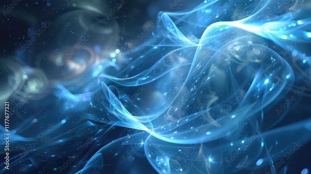 Poster a smooth of abstract representation of blue light waves and particles against on dark background in 
