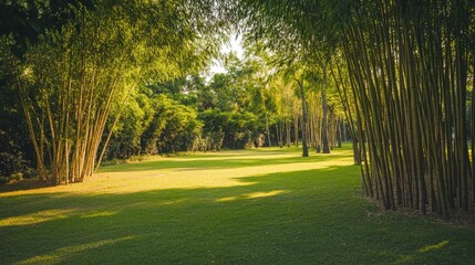 Obraz premium Tranquil bamboo grove in a lush park setting with sunlight filtering through trees on a serene green landscape