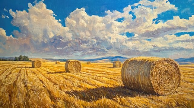 Golden hay bales in a scenic rural landscape under a blue sky with fluffy clouds showcasing autumn harvest beauty and agricultural tranquility