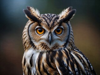 Fototapeta premium Close-up of a majestic owl with piercing eyes and detailed feathers. Perfect for wildlife photography, educational materials, conservation projects, or artistic purposes.