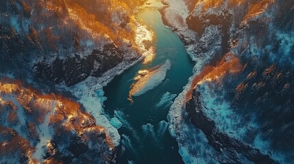 Obraz premium Aerial view of a winding river flowing through a snowy mountain valley at sunset. Frozen river sections, vibrant colors, and dramatic landscapes.