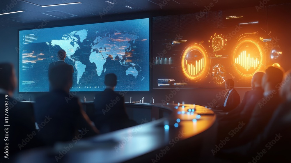 Poster business presentation with digital world map and analytics in a modern conference room
