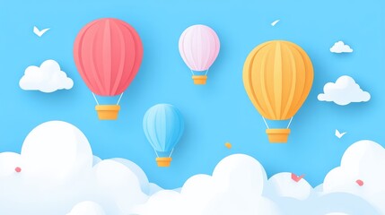 Colorful hot air balloons soaring in a bright blue sky filled with fluffy clouds and scattered birds symbolizing freedom and adventure.