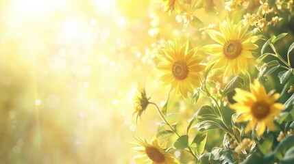 Obraz premium Sunlit Sunflowers with Blurred Green Background Showcasing Soft Focus and Natural Beauty in a Serene Garden Setting