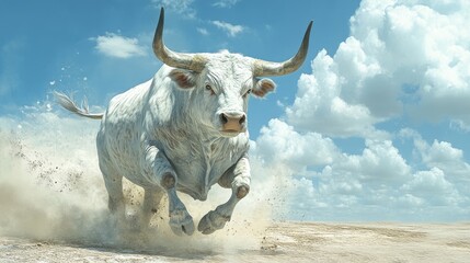 Action shot of a white bull kicking up dust as it charges across an open plain.