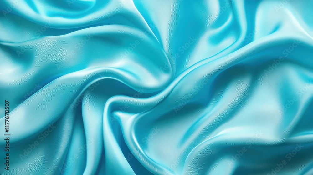 Poster bright turquoise blue satin fabric creating elegant folds and waves with a smooth texture in natural
