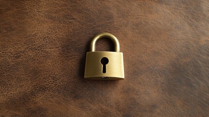Fototapeta premium Antique brass padlock on a weathered brown leather background, vintage and classy.