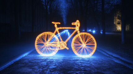 Obraz premium The hologram of bike. Holographic projection of the Bicycle. Flickering energy flux of particles.