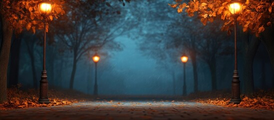 Autumn night street illuminated by glowing lamps with misty atmosphere and empty space for text or messaging suggestions