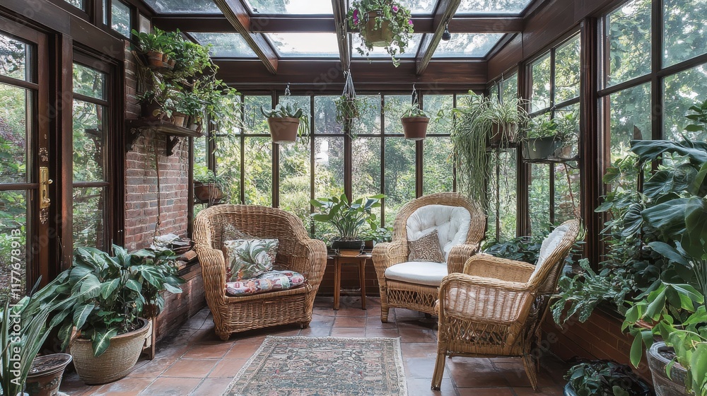 Poster botanical conservatory featuring cozy seating and lush greenery in a serene setting