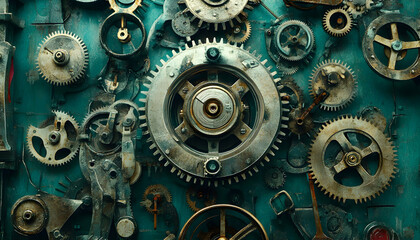 Intricate steampunk-style clockwork gears and cogs arranged on a teal background.  Detailed texture and metallic sheen.