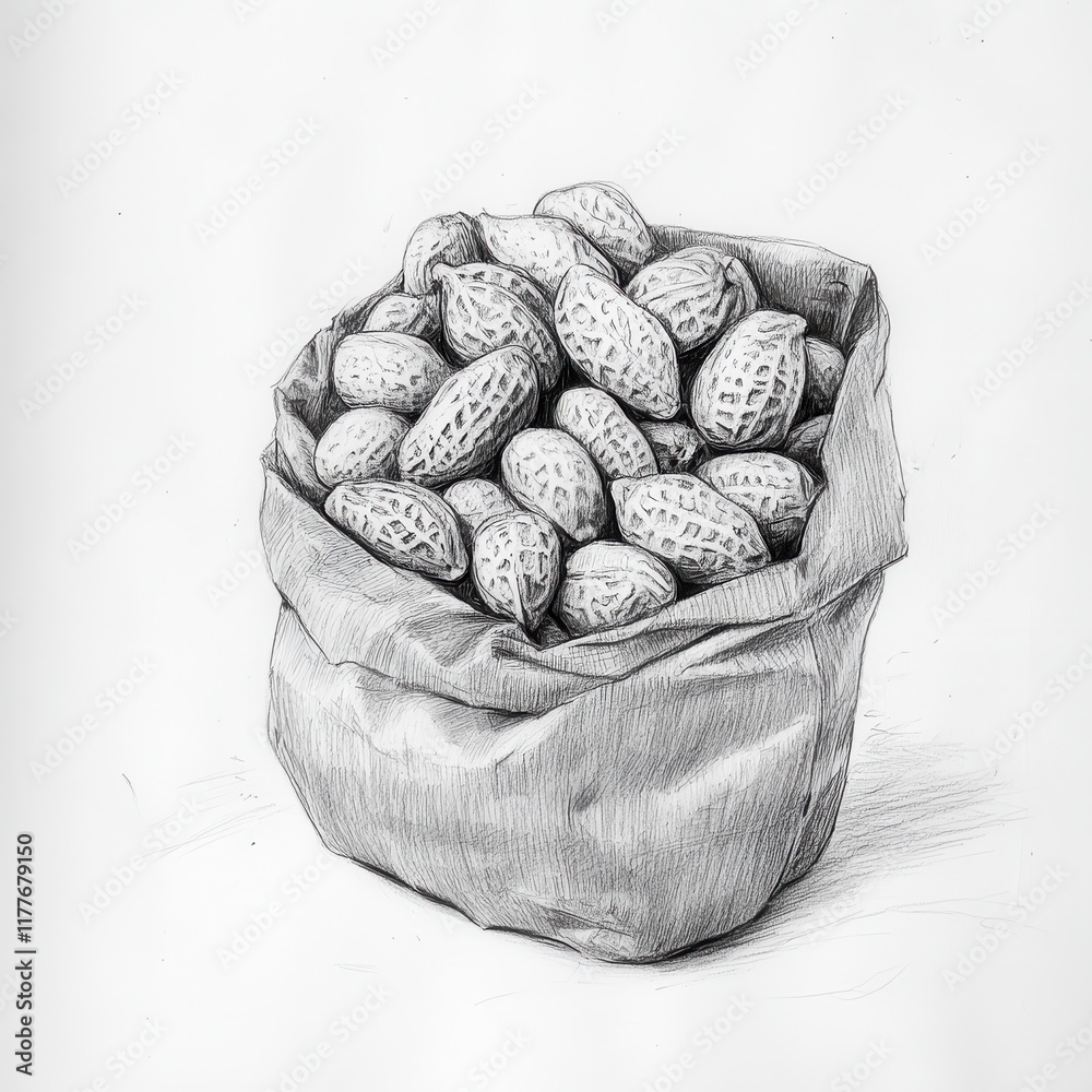 Poster freshly roasted peanuts in a hand-drawn bag with intricate details of texture and shape