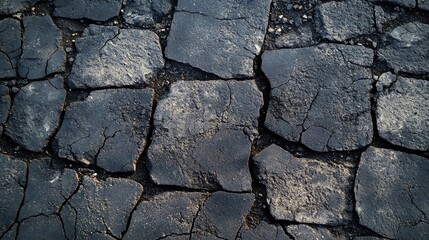 Obraz premium Cracked Asphalt Road Surface Texture with Panoramic View of Weathered Broken Bricks and Uneven Paving Blocks