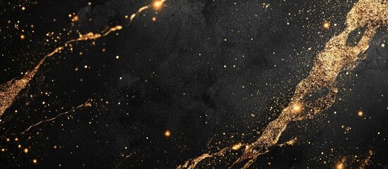 Elegant black marble background with shimmering golden glitter for creative displays and promotional materials featuring ample copy space.