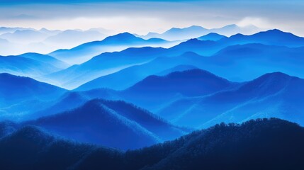 Naklejka premium Serene blue mountain range under soft light in a tranquil landscape showcasing misty peaks and valleys ideal for nature photography.