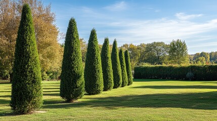 Obraz premium Lush yew trees lined in a sunny landscape showcasing vibrant greenery and clear blue sky in a serene outdoor setting.