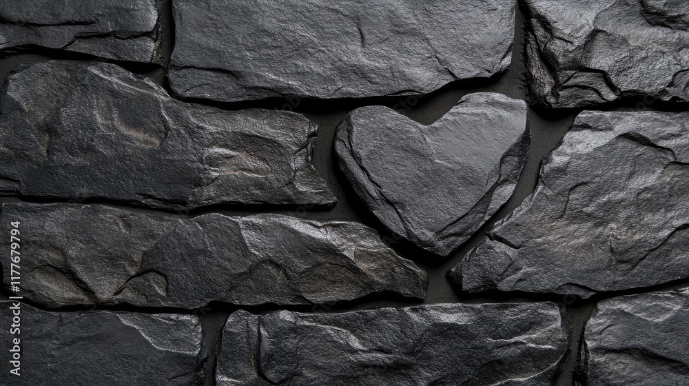 Poster black stone wall texture featuring dark bricks with a heart shape creating a unique and artistic bac