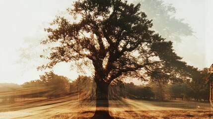 Fototapeta premium A Stunning Morning Scene with a Majestic Tree Silhouetted Against a Bright Sunrise in a Peaceful Open Space, Captured in Soft Focus for an Ethereal Effect