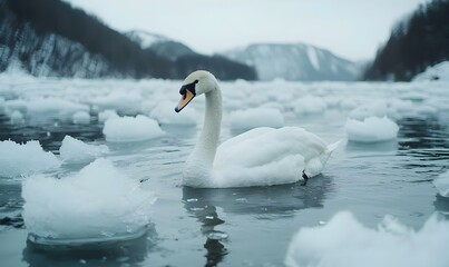 Elegant ice swan gliding across a serene frozen lake, surrounded by delicate frost and glimmering ice reflections, embodying winter's tranquility.