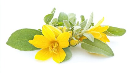 vibrant yellow sage rose flower with green leaves isolated on white background displaying natural beauty and elegance