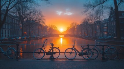 Amsterdam canal sunrise with bikes.