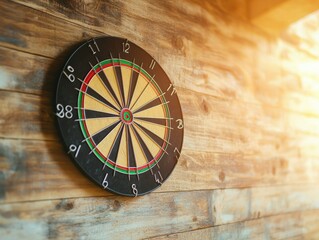 A Classic Dartboard Decoratively Hanging on a Rustic Wooden Wall, Perfectly Lit with Warm Sunlight for a Cozy Atmosphere in a Game Room or Bar Setting