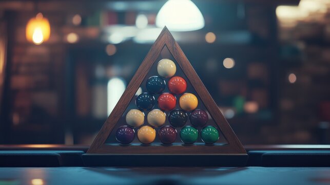Billiard balls arranged in a triangle rack showcasing various colors in a dimly lit sports bar setting focused on cue sport game - Powered by Adobe
