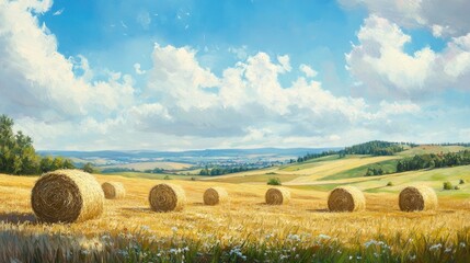 Golden hay bales scattered across a picturesque field under a bright blue sky with fluffy clouds and rolling hills in the background.