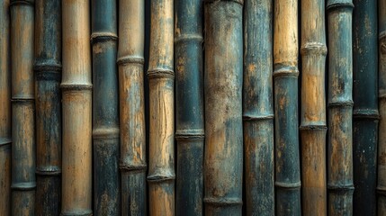 Fototapeta premium Textured bamboo wall showcasing natural tones and patterns ideal for design and eco-friendly themes.