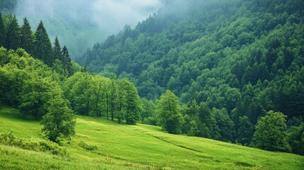 Fototapeta premium Lush Green Landscape with Trees in a Misty Mountain Valley Nature Scene
